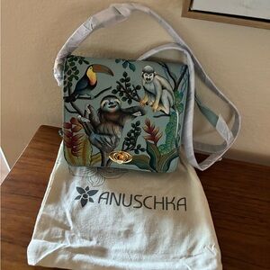 Anuschka hand painted genuine leather Blue sloth Crossbody Bag